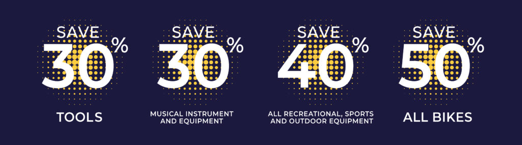 Pawn Days of Summer Is Here: Shop, Bid & Win All Month Long 1 Save 30% On Tools.
Save 30% On Musical Instrument And Equipment
Save 40% On All Recreational, Sports, And Outdoor Equipment
Save 50% On All Bikes